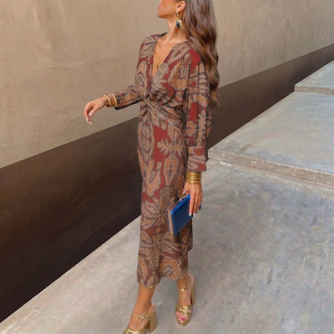 Isadora™ – Elegant Midi Dress with Waist Knot and Artistic Print