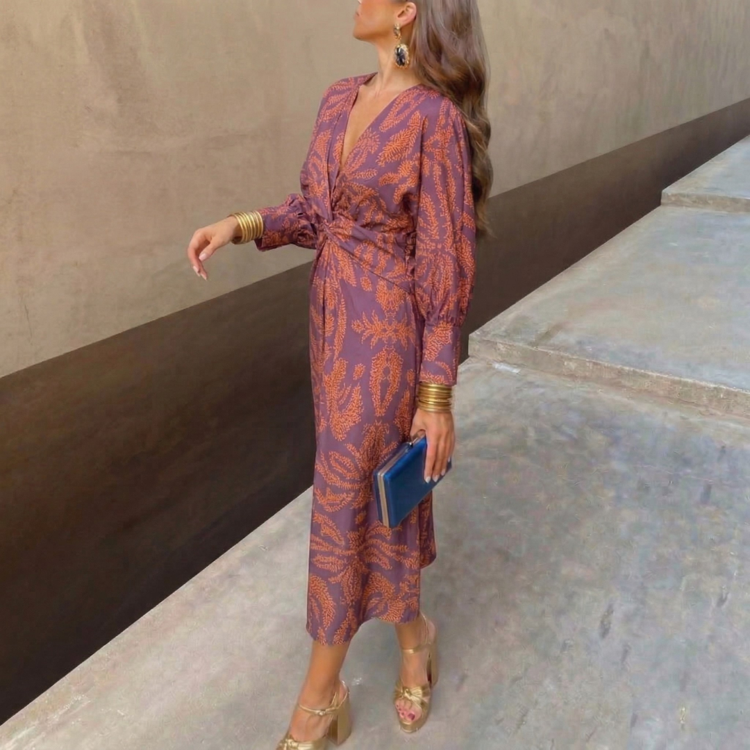 Isadora™ – Elegant Midi Dress with Waist Knot and Artistic Print
