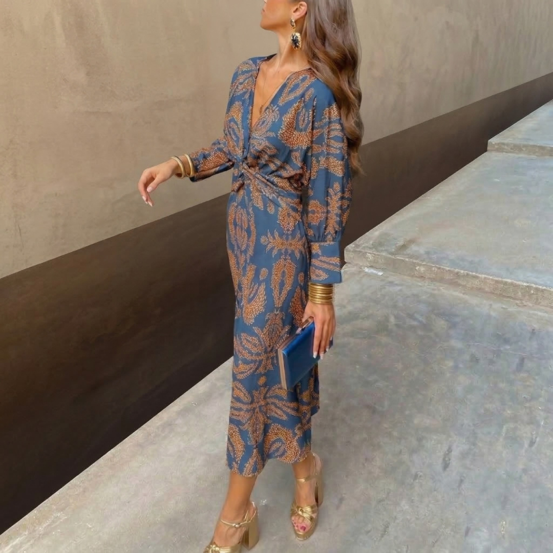 Isadora™ – Elegant Midi Dress with Waist Knot and Artistic Print