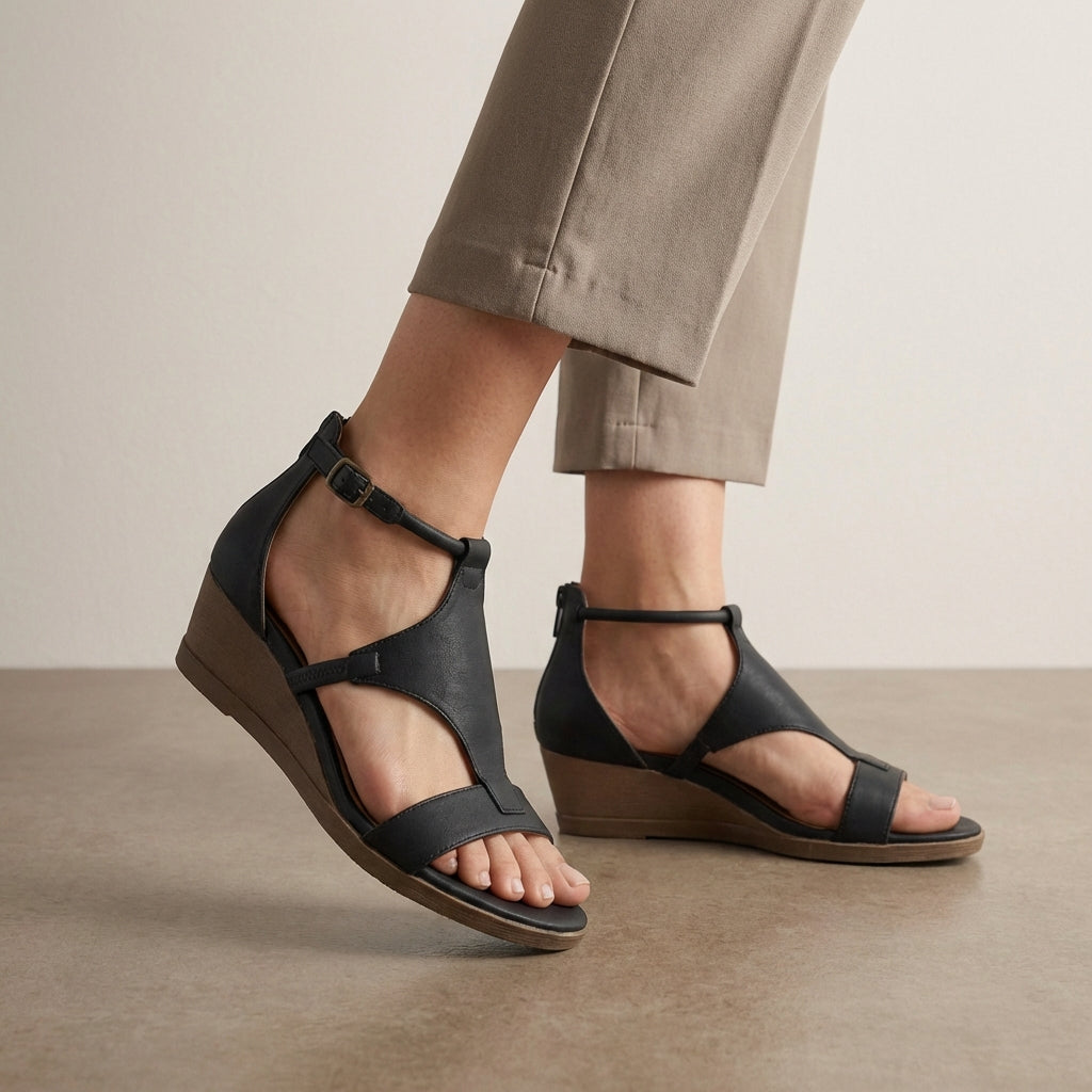 Refined Vegan T-Strap Wedge Sandals with Cushioned Insoles