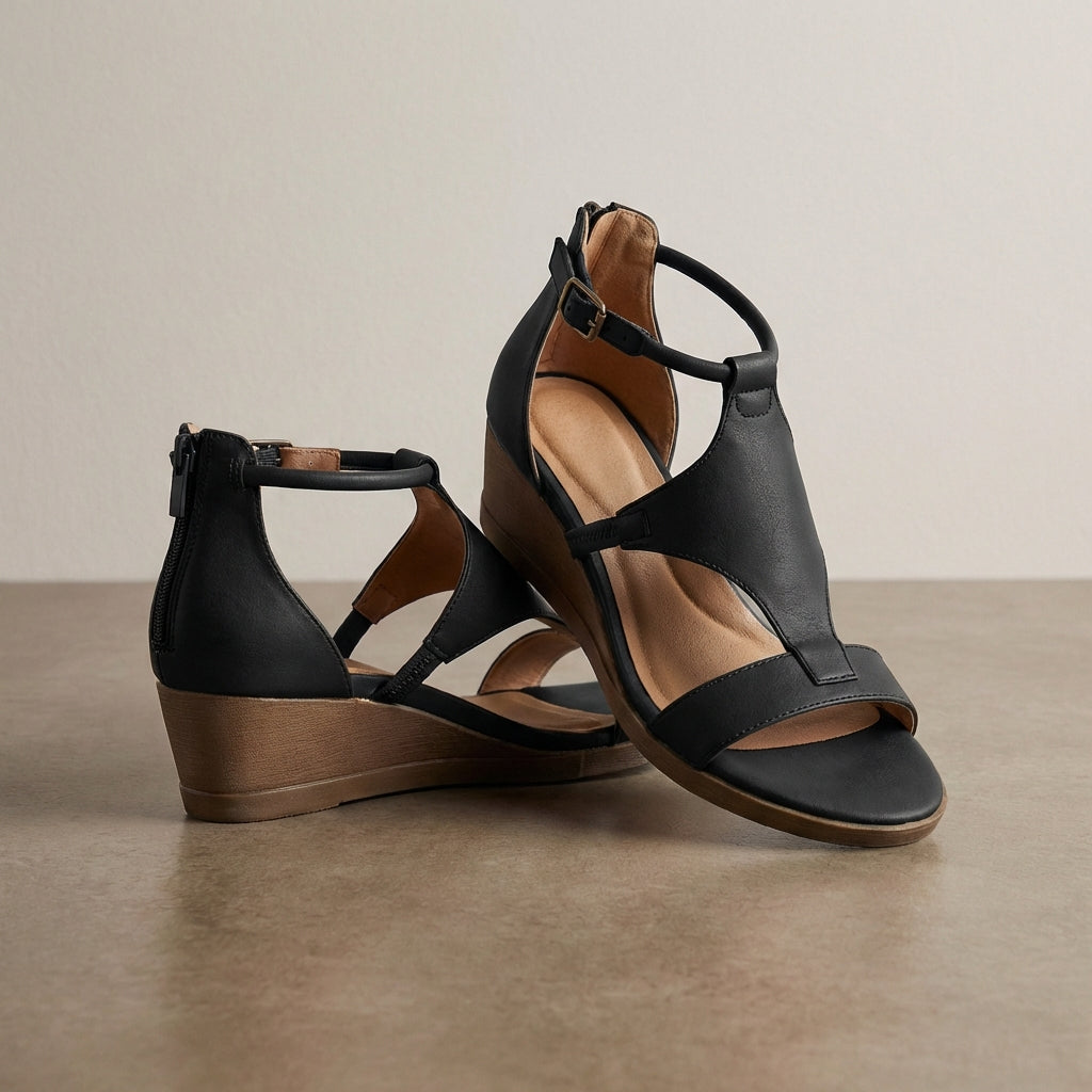 Refined Vegan T-Strap Wedge Sandals with Cushioned Insoles