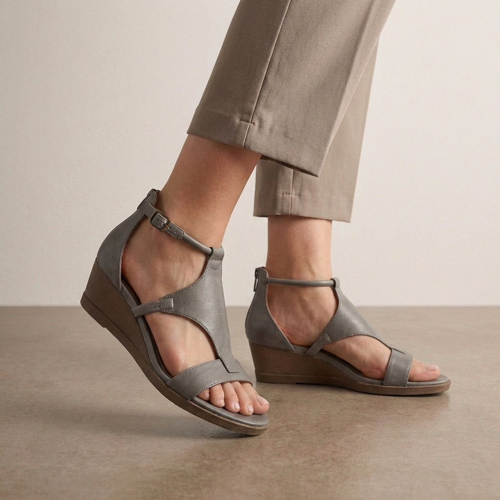 Refined Vegan T-Strap Wedge Sandals with Cushioned Insoles