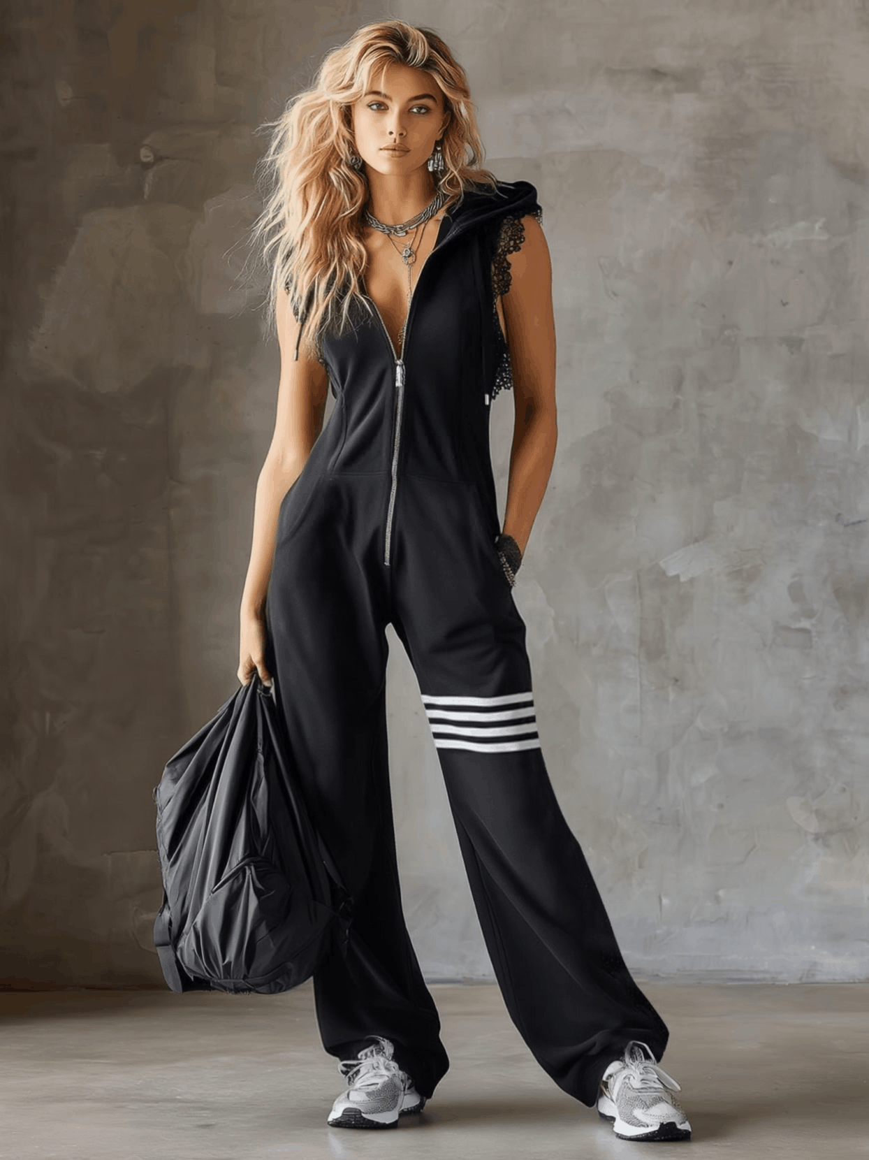 Daniela | Retro sporty jumpsuit with hood and stripes