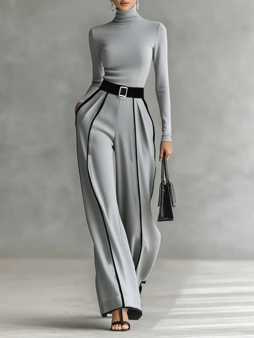 Solana - Long Sleeve Polo Neck and Wide Leg Trouser Set with Belt
