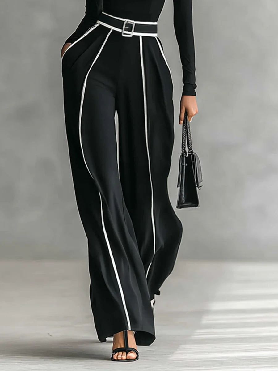 Solana - Long Sleeve Polo Neck and Wide Leg Trouser Set with Belt