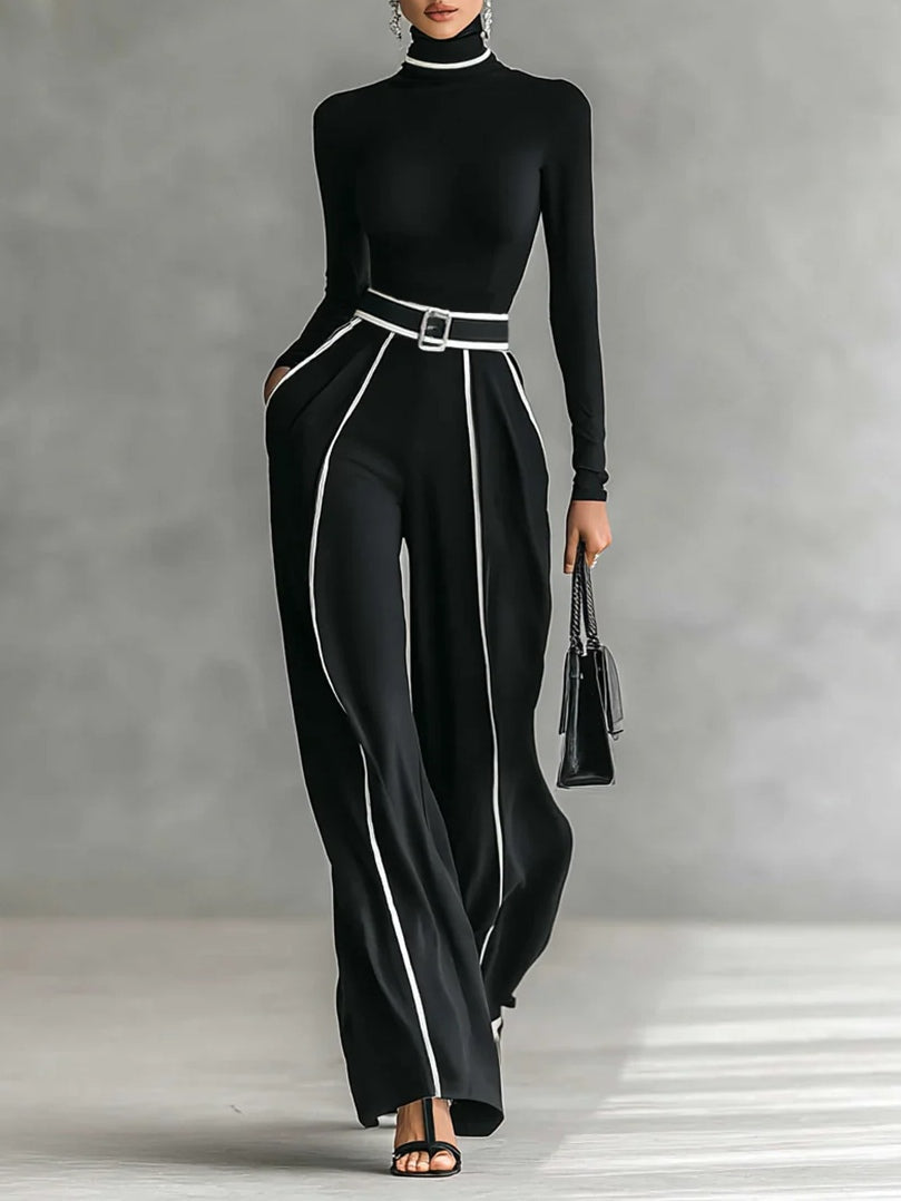 Solana - Long Sleeve Polo Neck and Wide Leg Trouser Set with Belt