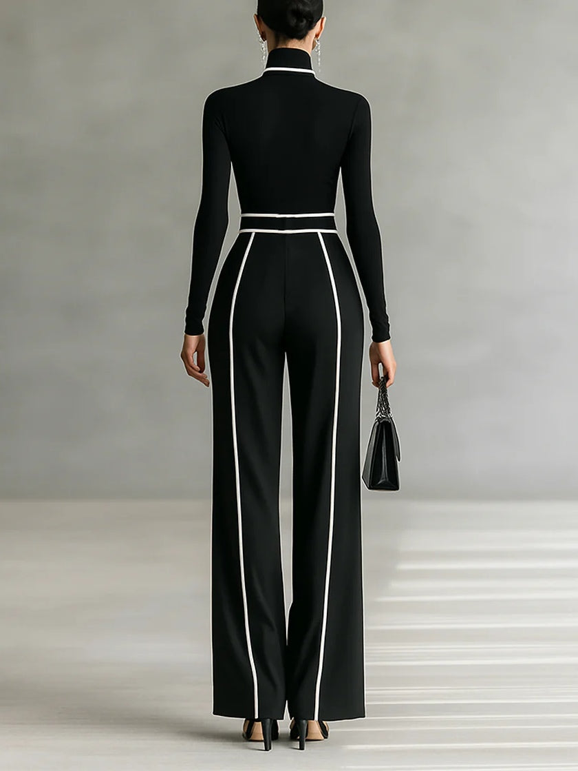 Solana - Long Sleeve Polo Neck and Wide Leg Trouser Set with Belt