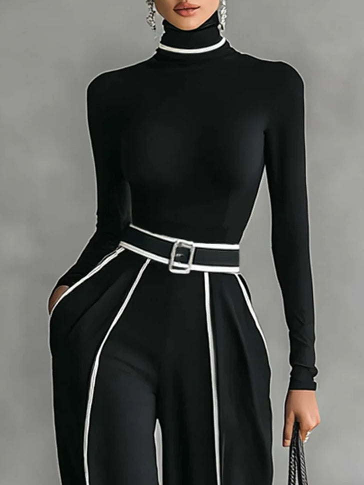 Solana - Long Sleeve Polo Neck and Wide Leg Trouser Set with Belt