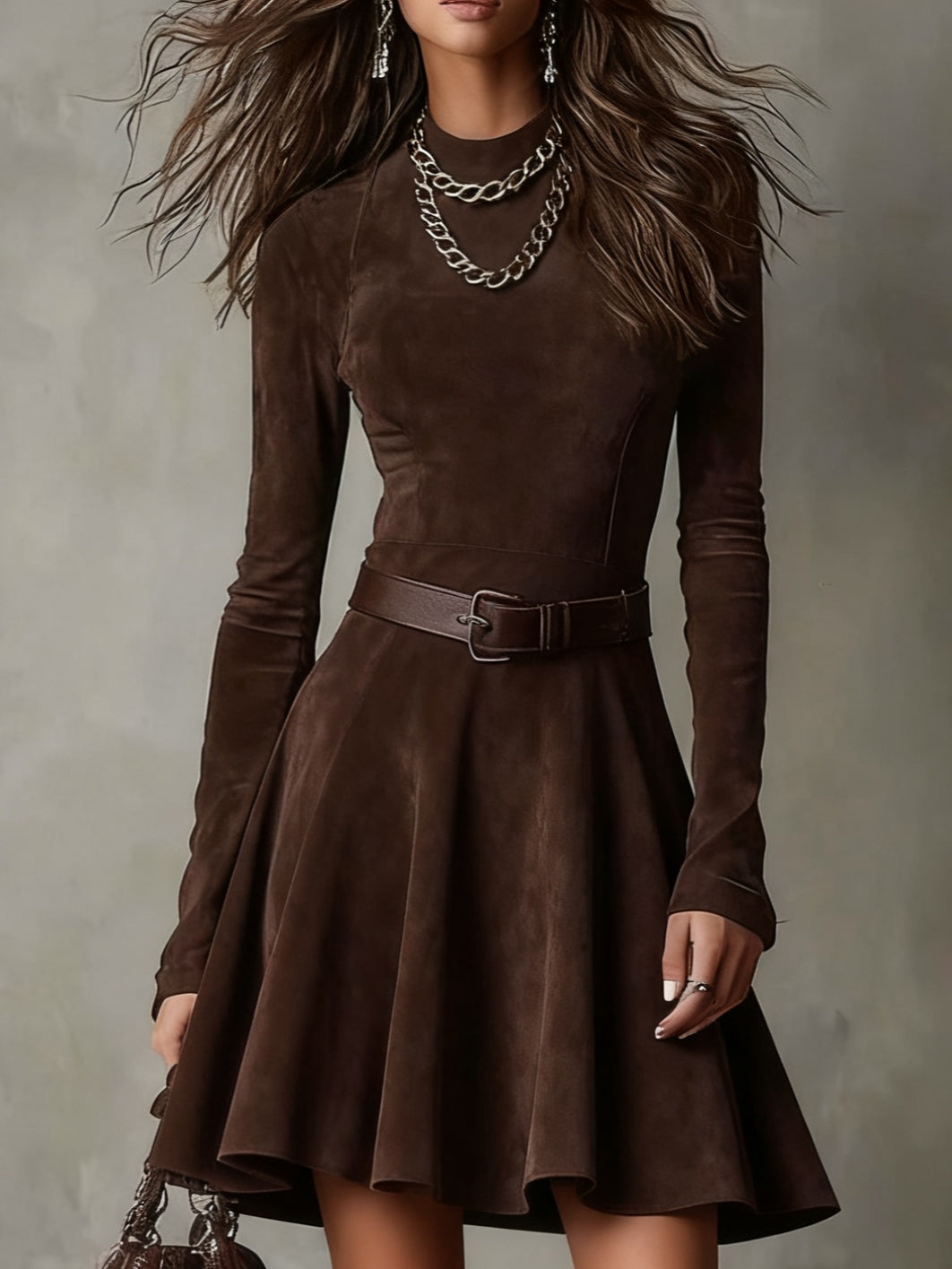 Vintage Dark Brown Suede Dress with Roll Neck