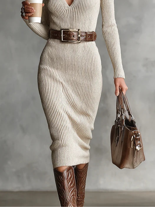 Gabriela | Midi knitted dress with belt and high neck