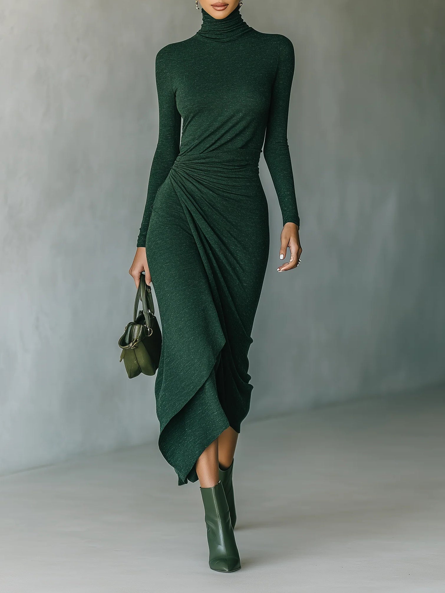 Lenora - Asymmetrical midi dress with draping and high collar in dark green