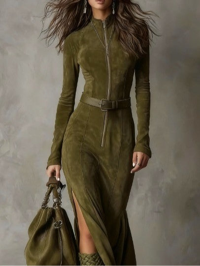 Vintage Green Maxi Dress with Zip and Belt