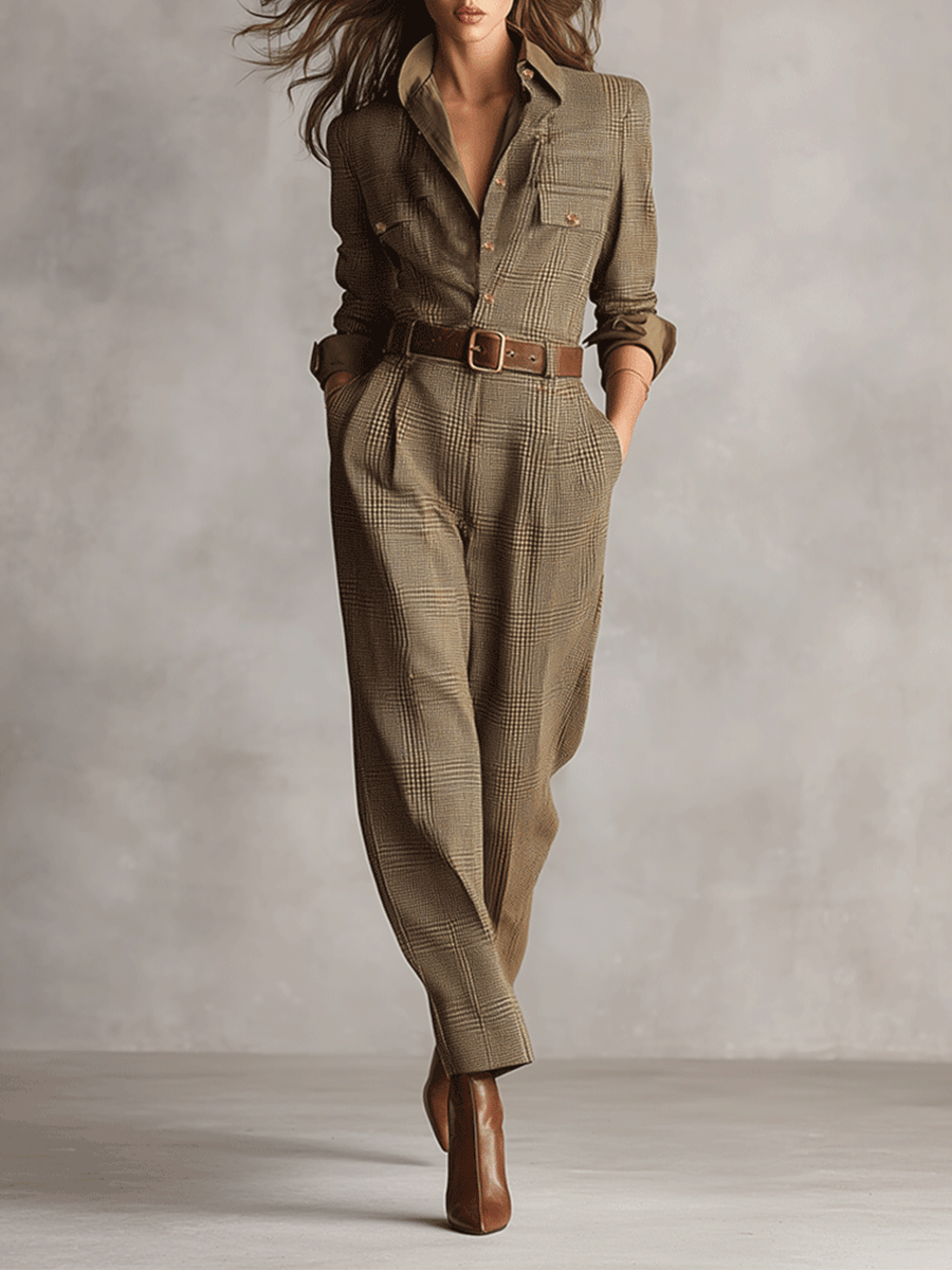 Celia | Brown Check Jumpsuit with Refined Details