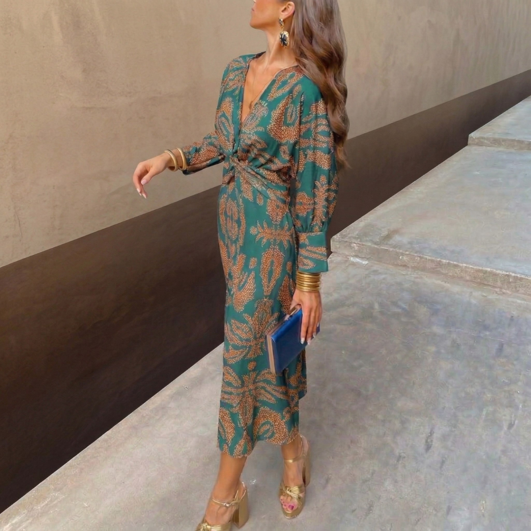Isadora™ – Elegant Midi Dress with Waist Knot and Artistic Print