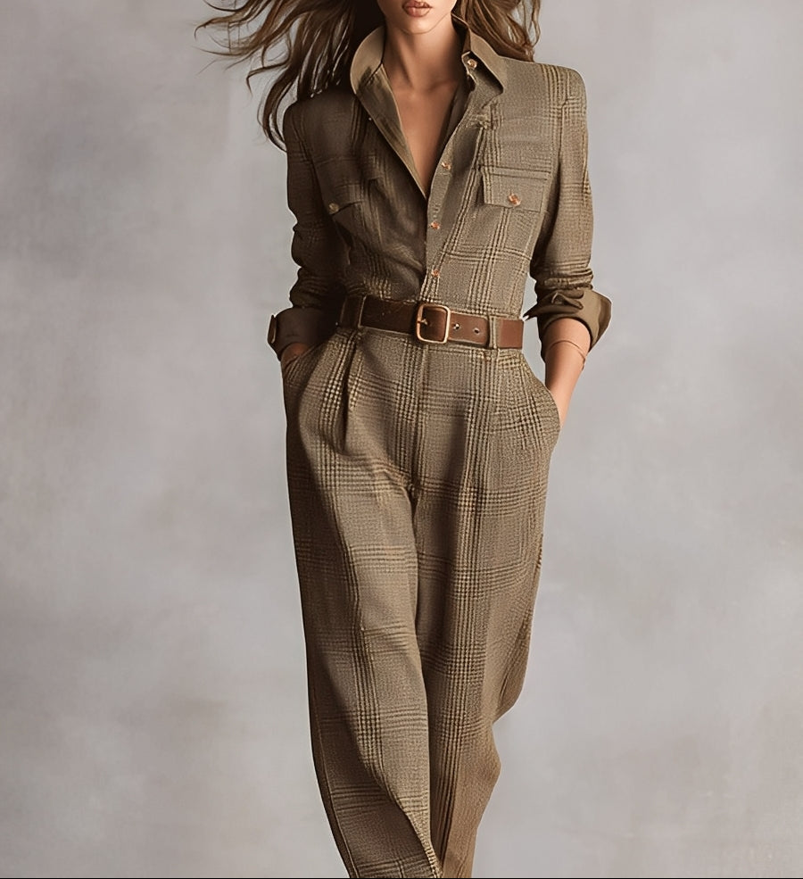Celia | Brown Check Jumpsuit with Refined Details