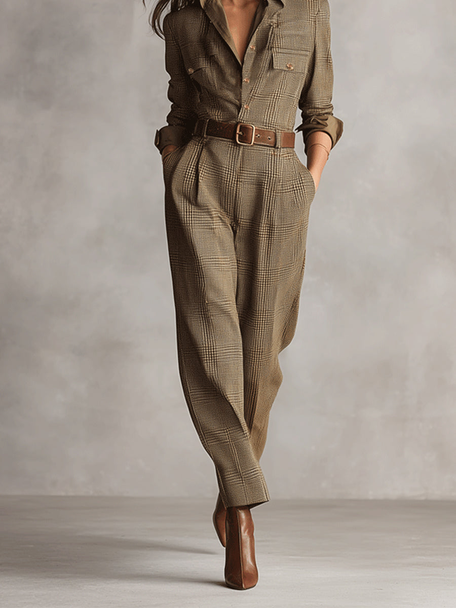 Celia | Brown Check Jumpsuit with Refined Details