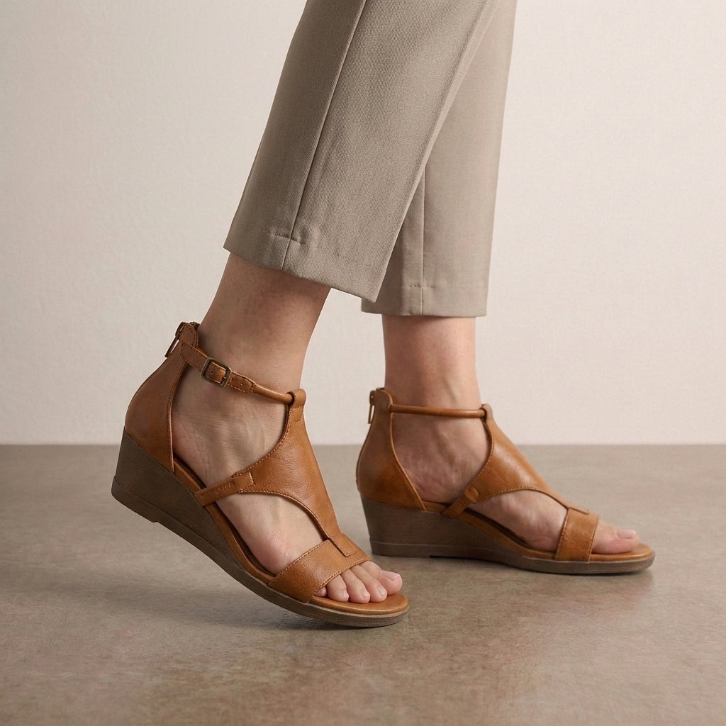 Refined Vegan T-Strap Wedge Sandals with Cushioned Insoles