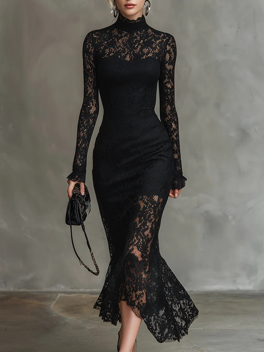 Teresa - Elegant Maxi Fishtail Dress in Stretch Black Lace