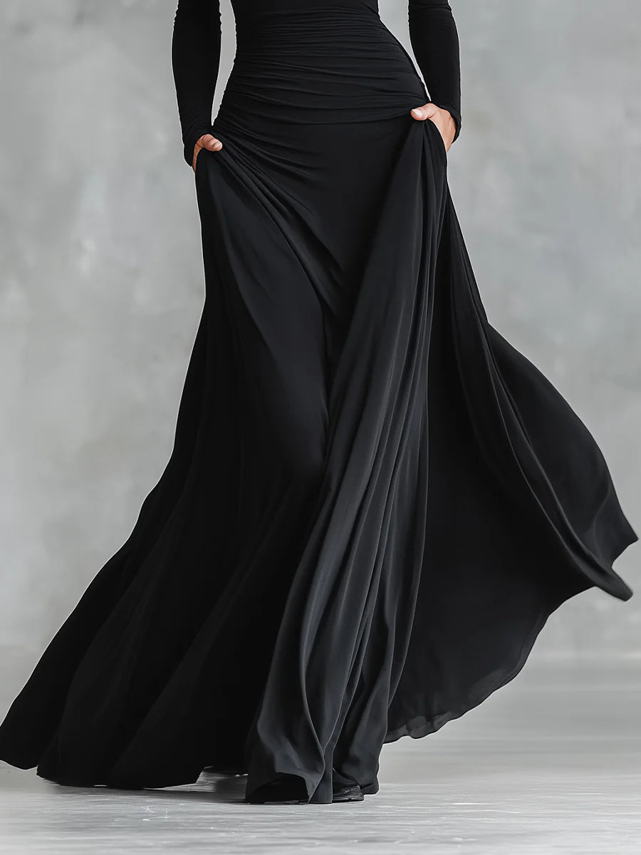 Adele - Modern Long Black Crepe Dress with Boat Neck and Pleats