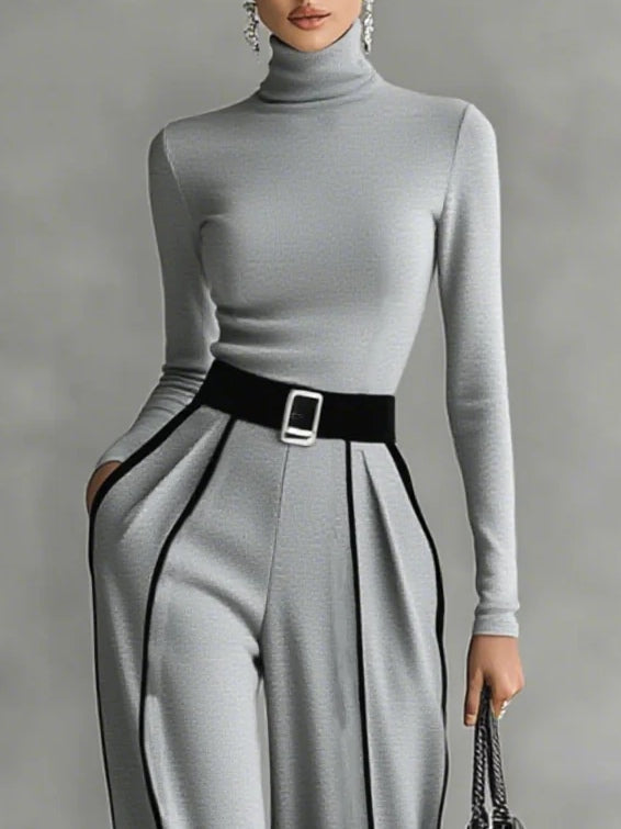 Solana - Long Sleeve Polo Neck and Wide Leg Trouser Set with Belt