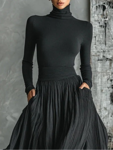 Soraya - Pleated Skirt and Black Fitted Long Sleeve Top Set