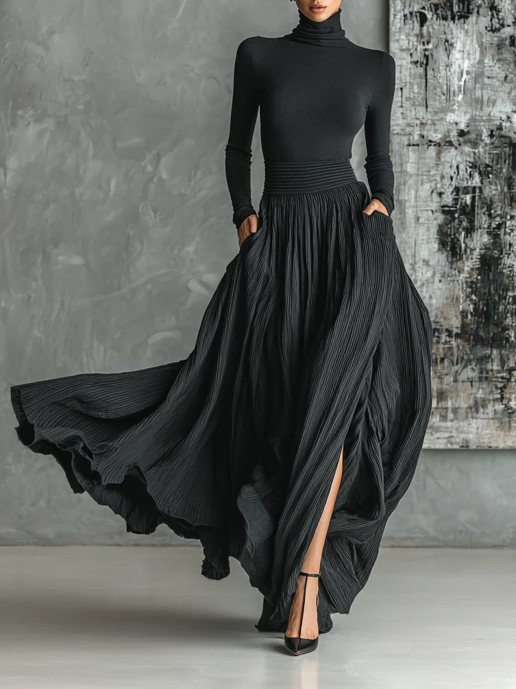 Soraya - Pleated Skirt and Black Fitted Long Sleeve Top Set