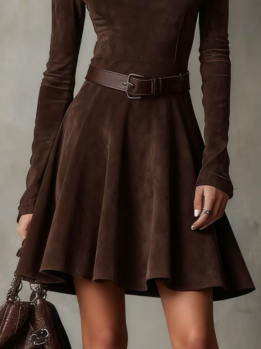 Vintage Dark Brown Suede Dress with Roll Neck