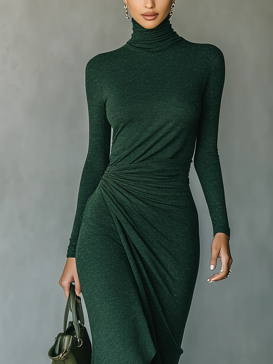 Lenora - Asymmetrical midi dress with draping and high collar in dark green