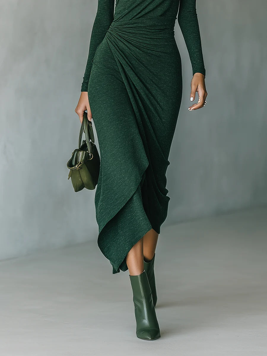 Lenora - Asymmetrical midi dress with draping and high collar in dark green