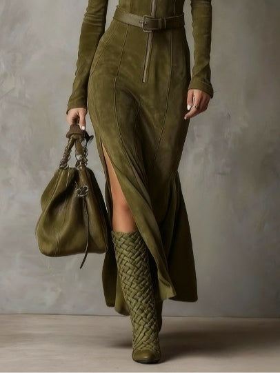 Vintage Green Maxi Dress with Zip and Belt