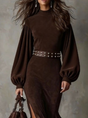 Retro long lantern dress with long sleeves and a high neckline