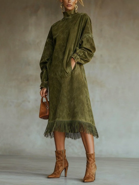 Suede Dress with Turtleneck and Fringes