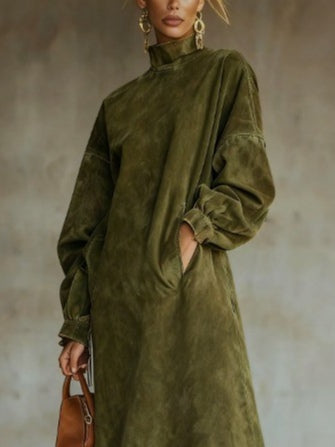 Suede Dress with Turtleneck and Fringes