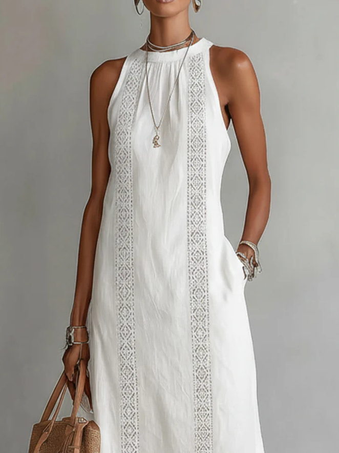 Jimena - Midi Linen Dress with Mao Collar